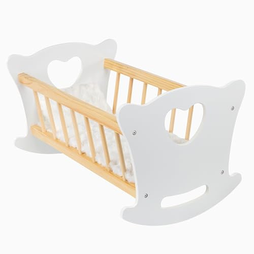 Kinderplay Puppenwiege Holz mit Bettwäsche – Puppenbett Schaukelbett für Puppen bis 49,5 cm – Holzspielzeug Mädchen ab 3 Jahren – Nachhaltige Babywiege für Rollenspiele & Geschenk Kinder