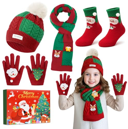 TOSZOLY Caldo Set Natalizio per Bambini: Cappello di Babbo Natale Sciarpa Guanti Rossi Calzini, Adatto a Bambine e Bambini, Regali di Natale, Regali per le Feste