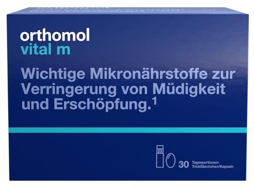 Orthomol Vital m für Männer - bei Müdigkeit - mit B-Vitaminen, Omega-3-Fettsäuren und Magnesium - Orangen-Geschmack - Trinkampullen/Kapseln, 30 St. Tagesportionen
