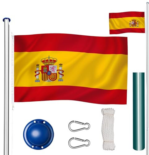 tectake® Mástil Bandera Altura Ajustable, Mástil Aluminio Altura Máx 6,25 m, Asta Bandera con Casquillo para Suelo, Mástil Bandera Exterior con Cuerda de Izado, Montaje Rápido, Incl. Bandera España