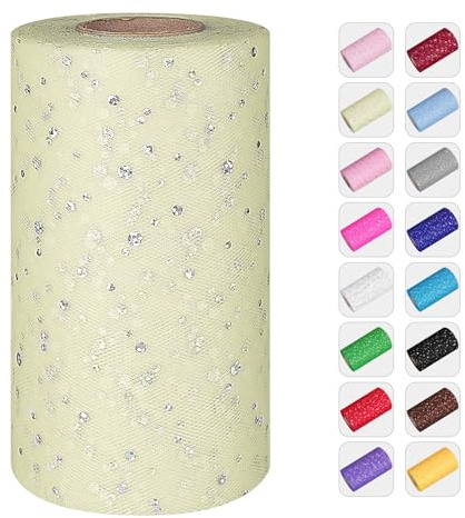 Glitter Tulle Rolls, 6' by 50 Yards (150FT) Sequin Tulle Netting Fabric for Tutu Skirts Sewing Birthday Wedding Party Decoration (Ivory)