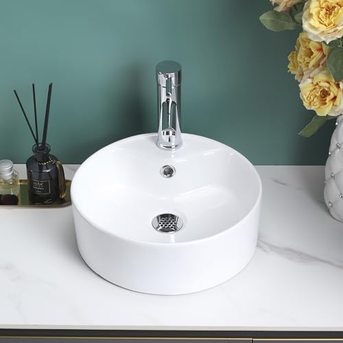 Home Supplies Ceramic Cloakroom Basin Hand Washing Sink, Modern Design Gloss White Countertop Basin Cloakroom Sink for Bathroom Lavatory, Vanity Cabinet (Round)
