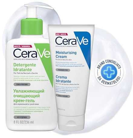 CeraVe Crème hydratante pour peau sèche pour le visage et le corps - 177 ml + nettoyant hydratant pour le visage et la peau sèche - Avec acide hyaluronique - 236 ml