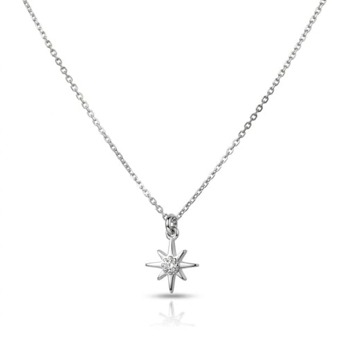 Annika Bella Star Necklace, Tiny Cubic Zirconia North-Star Pendant, 925 Sterling Silver Chain, Celestial Necklaces, Womens Jewelry, Gift for Her (Silver)