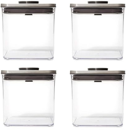 OXO Steel POP Container Big Short Sqaure - 2.8 Qt (Pack of 4) Airtight Food Storage Containers for Cereal, Grains & More, Grey