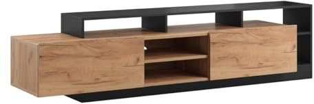 Vente-unique - Meuble TV 2 Portes et 6 niches avec LEDs - Naturel Clair et Anthracite - IDESIA