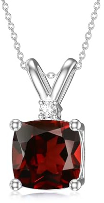 QKABTI Cushion Cut Garnet Pendant Necklace for Women S925 Sterling Silver 7mm 2ct Natural Garnet Pendant Necklace Birthday Christmas Dainty Jewelry Gifts