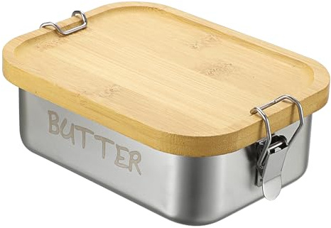 SUMNACON Stainless Steel Butter Dish Container with Bamboo Lid, 850ml Household Kitchen Butter Holder Countertop Butter Keeper Holds 1 West Coast Butter for Refrigerator (No Butter)