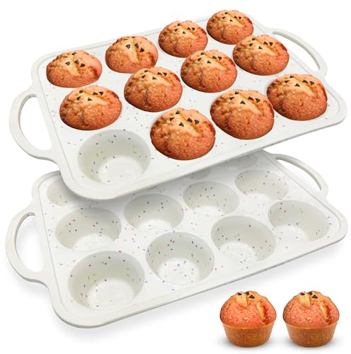RICCLE Silicone Muffin Pans for Baking with Metal Reinforced Frame, 12-Cup Cupcake Pan, 2 Pcs Muffin Trays for Cupcake Baking, Tray Molds, Oven & Dishwasher Safe, BPA-Free (2 x Regular)