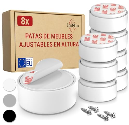 LouMaxx Piedini per Mobili Adesivi Regolabili in altezza Ø 55,5 mm – Piedini Mobili Bianchi Altezza Regolabile – Rialzi per Mobili con Materiale di Montaggio – Set da 8