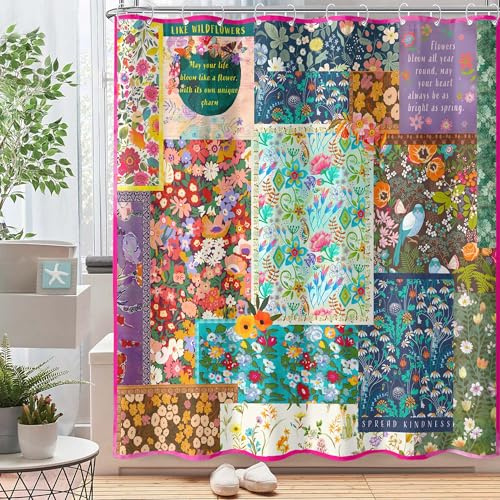Neasow Boho Patchwork Shower Curtain for Bathroom, Bohemian Style Colorful Floral Stitching Vintage Retro Shower Curtain with Hooks, Polyester Fabric Waterproof Bath Decor 72x72 inch