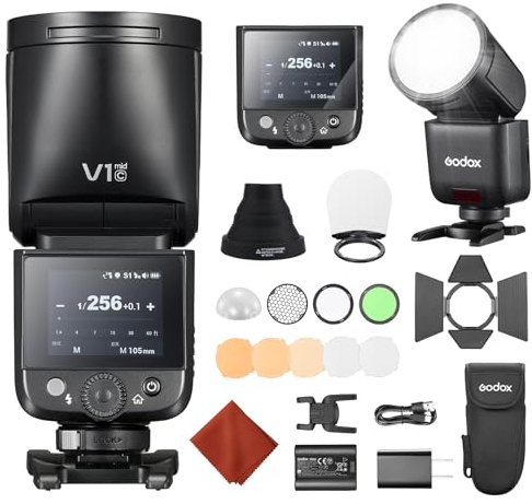Godox V1 Mid C para Canon V1 Mid-C Flash Cámara con AK-R1 Kit de Accesorios 55Ws Speedlite Cabeza Redonda TTL Mini Flash con Zapata Caliente,2,4G HSS 1/8000s,Pantalla Táctil,USB-C,Compatible EOS R5 R8