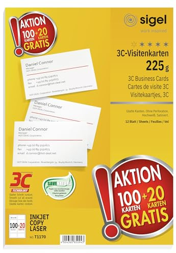 Sigel visitkort 100 stycken + 20 gratis | T1170, 120 kort på A4 – storpack till LP795, slät allroundskärning för rent resultat