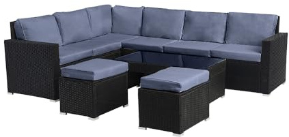 Panana 8 Seater Rattan Garden Sofa Set with Coffee Table Stool, Outdoor Lounge Set with Cushions & Free Cover, Garden Seating for Patio Conservatory Balcony (Black with Grey Cushions)