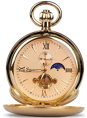 Tiong Vintage Mechanical Pocket Watch with Chain Double Hunter Unique Tourbillon Moon Phase Analog Steampunk Men Pocket Watch