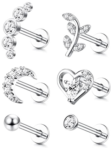 ADRAMATA 6Pcs 16G Cartilage Tragus Stud Earrings For Women Men Internally Threaded CZ Moon Heart Leaf Helix Conch Labret Monroe Ear Piercing Jewelry,S8