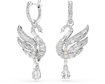 Swarovski Swan Ohrringe, Rhodinierte Mini-Kreolen in Pavé mit Schwan-Motiv, Klaren Swarovski Zirkonia, einem Stein im Tropfenschliff und einem Pavé-Ring mit Kristallperlen, Größe: 4.1 x 1.7 cm