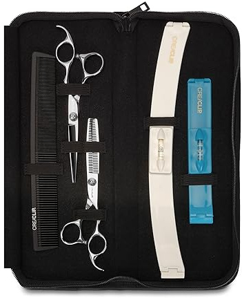 CreaProducts Original CreaClip Case and Hair Scissors, Hair Cutting Tool Hair Cutting Shears Thinning Scissors Hair Comb for Layers Bangs Kids Hair Cut Hair Cutting Kit (Set of 5) (CC043)