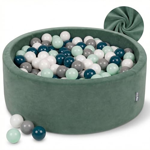 KiddyMoon Velluto Piscina di Palline 90X30cm/200 Palline per Bambini Tondo Fabbricato in EU, Velluto Verde: Bianco/Grigio/Menta