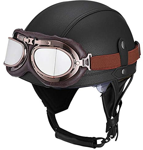 Retro Motorradhelm Leder-Halbhelme, Jethelme Deutschen Stil Mit Brille Open Face Roller Cruiser Chopper Anti-Collision Helm Erwachsene Männer und Frauen