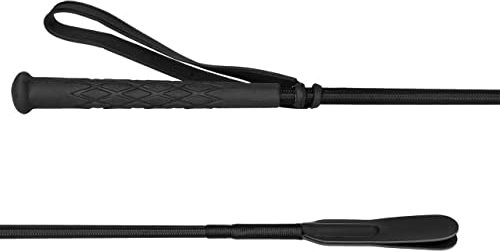 Start Reitgerte für Pferde – Springgerte mit rutschfestem Griff und Handschlaufe – Stabiler Polycarbonat-Kern, Lederklatsche – ideal für Training und Reitsport - 65 cm (65 cm, Schwarz)
