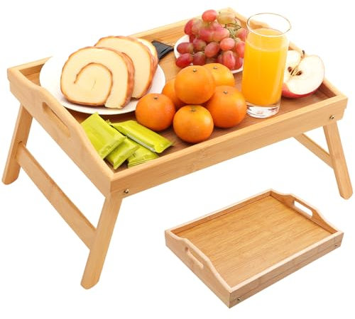 TOPULORS Bamboo Bed Tray with Folding Legs – 40 x 30 cm Portable Breakfast Table for Bed, Laptop & Tablet Stand, Foldable Snack Tray with Handles for Recliner, Eating, Working, & Serving