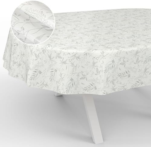 ANRO Oilcloth Tablecloth, Washable, Oilcloth, Garden Tablecloth, Outdoor, Indoor, Oval, 180 x 140 cm, Cut Edge, Leaves, Grey