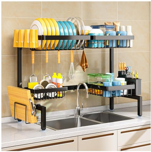 PurKeep Dish Drainer Rack - Over the Sink Dish Drying Rack with 4 Basket, 2-Tier Expandable (24.8 -35.4) Kitchen Dish Rack with Metal Hook, Black