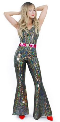 Muztagata Disco outfit 70-talet 80-talet bal gnistrande utsvängd overall festkostym halloween cosplay för vuxna kvinnor