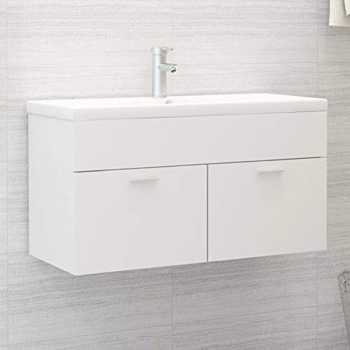 Vopese Armario para lavabo de madera de ingeniería de 90 x 38,5 x 46 cm, color blanco, armario para debajo del fregadero, armario de baño, armario de almacenamiento, unidad de lavabo