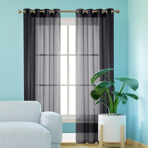 GAIFNAG Gardinen Gestreift Transparent 100 x 270 cm Weiss Halbtransparent mit Ösen, Luftig, Modern Und Langlebig Thermovorhang Schlafzimmer Blackout Curtain für Hochzeit Fenster Wohnzimmer, Schwarz
