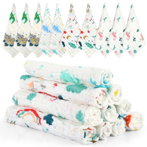 Kigift 10 Pack Muslin Cloths for Baby, 23 x 24cm Burp Cloths for Baby, Reusable Muslin Squares Baby Essentials, Cotton Baby Wash Cloths for Washing Face, Bathing