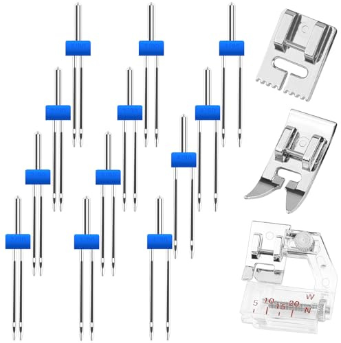 Juego de 15 agujas dobles para máquinas de coser, agujas dobles para máquinas de coser, agujas gemelas para máquina de coser con prensatelas de 3 piezas para accesorios de máquina de coser doméstica