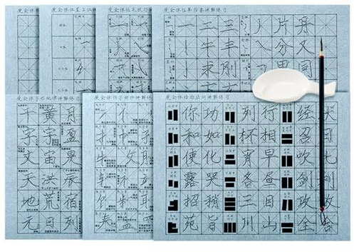 Karshor Juego de 9 piezas de caligrafía china sin tinta, papel de tela de escritura de agua con pinceles de caligrafía tradicional china y plato de agua, paño de escritura de agua reutilizable para