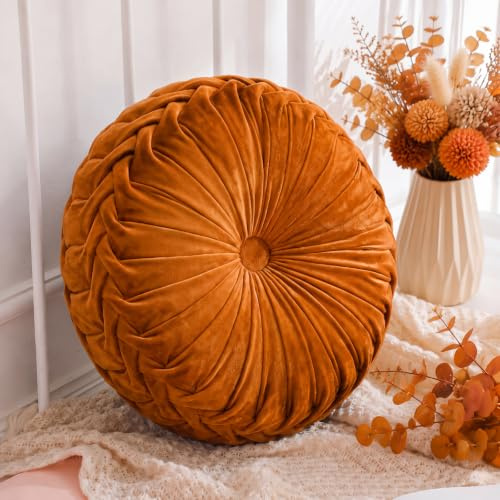 Drydiet 1 Pcs Round Throw Velvet Pillows Decorative Pleated Throw Pillows 15'' Diameter Accent Pumpkin Boho Chair Cushion for Couch Sofa Home Decoration (Brunt Orange)