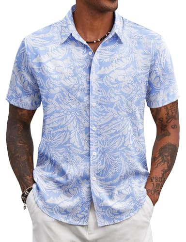 COOFANDY Camisa Hawaiana Hombre Manga Corta Camisas Flores Camisas Verano Estampadas Ajuste Regular Hoja Azul/Blanca M