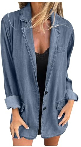 Dam jeansjacka oversize lång jeansblazer elegant jeanskappa stora storlekar jeansskjorta lös denimjacka revers streetwear jacka med knappar fritidsjacka ledig bikerjacka jeansblazer, marinblå, L