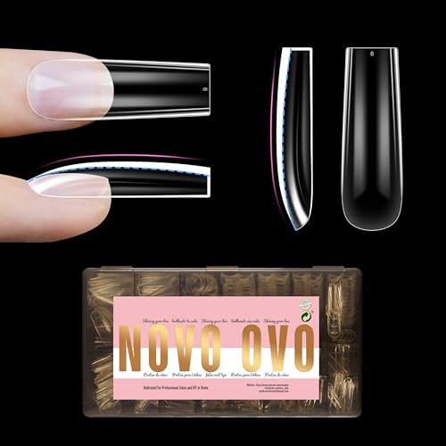 NOVO OVO L Sculpted Square Nail Tip for Curved Nail Tip, Ballerina sagomata per unghie curve, unghie finte extra spesse, copertura completa x 15 misure, 450 pezzi