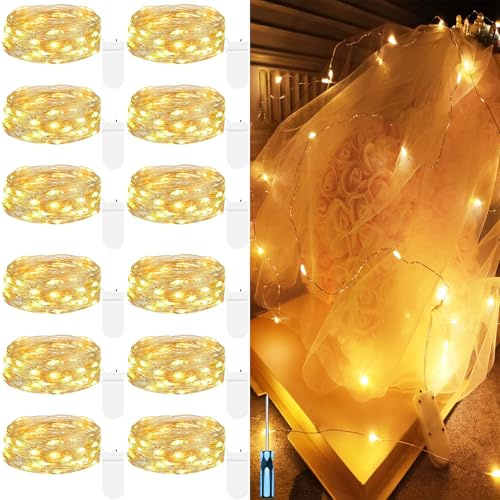 Hopelit 12 Stück LED Lichterkette Batterie 2 m 20 LEDs mit CR2032, Lichterkette Innen Silberdraht für DIY Vasen Geschenke Weihnachten Hochzeit Deko (Warmweiß)