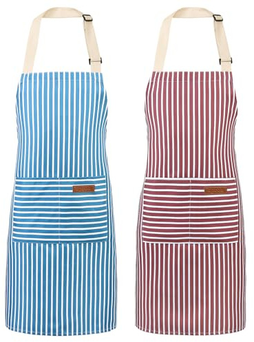 Livdouyu 2 Stück Schürze Kochschürze Damen Verstellbare Küchenschürze mit Taschen Herren Kittelschürze Wasserdicht Schürze Rot Blau Apron zum Kochen, Malen, Backen, Hausarbeiten