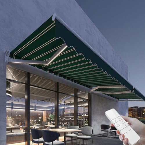 Motorized Retractable Patio Awning 2x1.5M Waterproof Outdoor Canopy with Curved Double Lamp Arms Green Fabric for Yard & Balcony Electric Sunshade for Garden Use