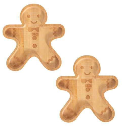 YöL Pack of 2 Kids Bamboo Christmas Dinner Plate - Festive Gingerbread Wooden Serving Tray for Children Baby Toddler - Eco-Friendly Dinnerware - 17cm x 20cm