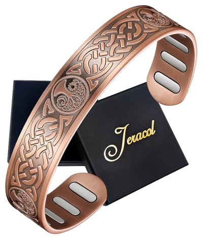 Jeracol Copper Bracelet for Men, 5X Ultra Strength Magnetic Copper Bracelet with 8pcs (5000 Gauss) Neodymium Magnets, 99.99% Pure Copper Jewelry Gift, Adjustable(SunMoonLifeTree)