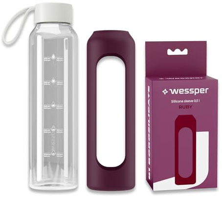 Wessper glasflaska med silikonhölje, borosilikatglasflaska med tidsangivelse 500 ml, sportflaska Perfekt för träning, skola, sport, barn, BPA-fri drickmotivation - Rubinröd