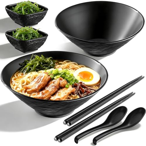 Berglander Ramen Bowl Set 1200mL of 2 with Dipping Bowls Chopsticks Spoons, Unbreakable Japanese Style Plastic Noodle Soup Bowls for Asian Pho Soup Thai Miso Udon Wonton