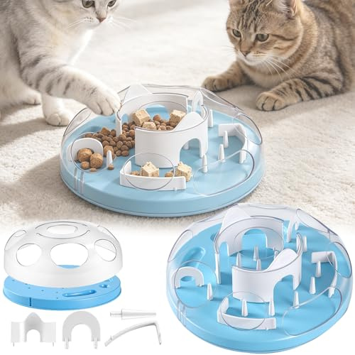 BORDRISE Puzzle Feeder per Gatti, Gioco Interattivo per l'Alimentazione Labirinto per il Cibo e Distributore di Snack Livelli di Difficoltà Regolabili Base Antiscivolo Giocattolo Intelligente (Blu)