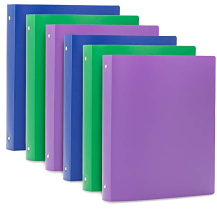 Blue Summit Supplies 6 Pack 3-Ring Plastic Binder, 1-Inch Flexible Binder, Soft Cover with Pocket, Assorted Colors with Blue, Green, and Purple Bendable Binders