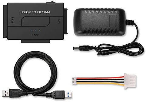 Adaptador USB IDE o SATA, adaptador de disco duro USB 3.0 universal para SATA HDD/SSD de 2.5/3.5 pulgadas y HDD IDE, incluye adaptador de corriente de 12 V 2 A y cable USB 3.0