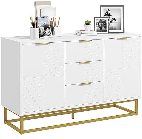 HOMCOM Aparador Moderno Aparador para Salón con 3 Cajones 2 Puertas y Estante Ajustable Mueble Auxiliar para Salón Cocina Antivuelco 120x40x76 cm Blanco