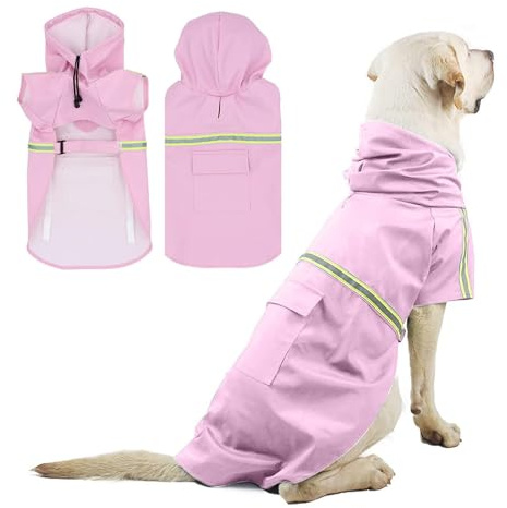PETCUTE Impermeable para Perros,Abrigo Impermeable para Perro Medianos y Grandes con Capucha,Poncho de Lluvia para Perros con Agujero para Arnés, Tira Reflectante y Bolsillos,M